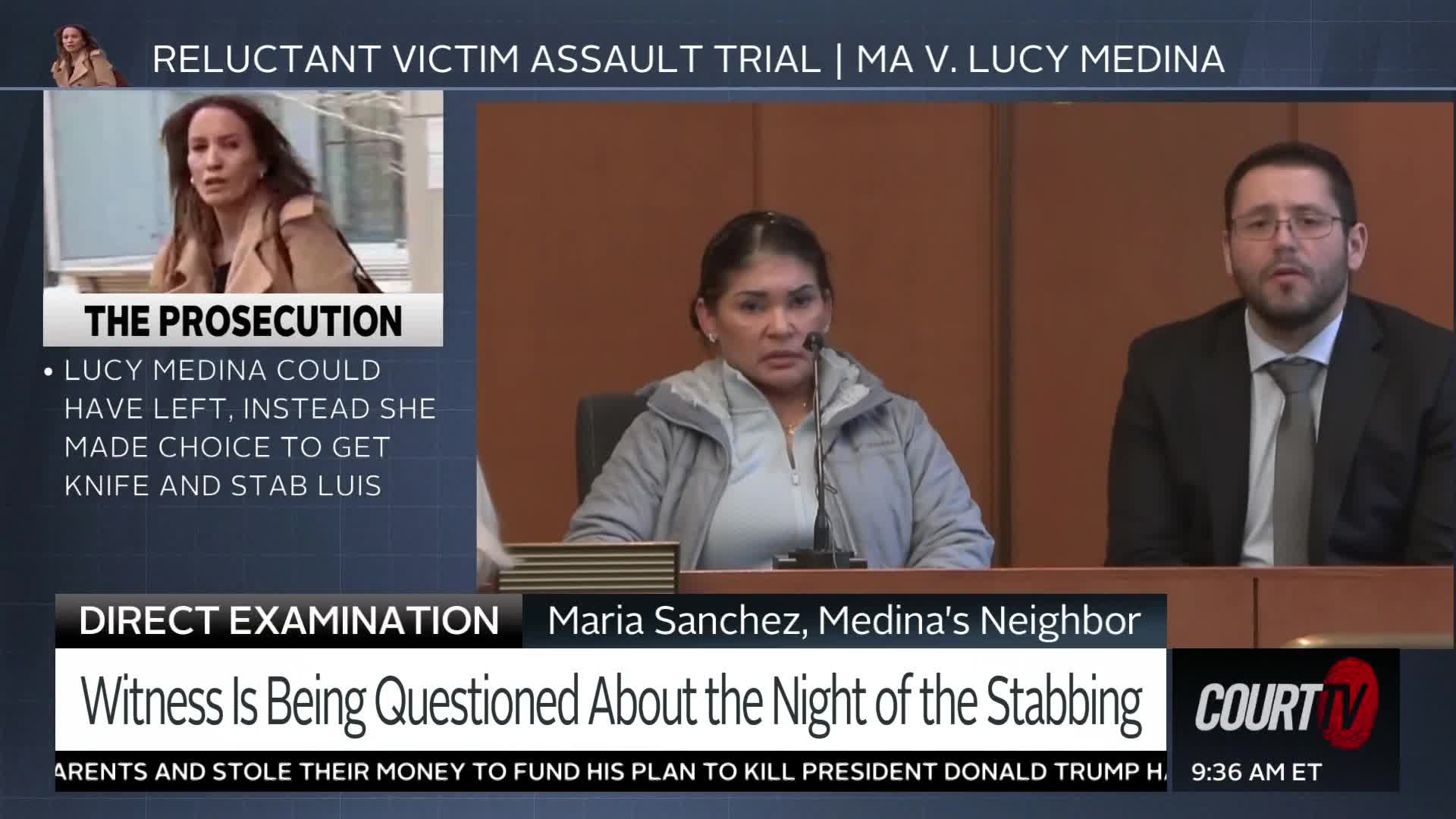 A woman in a gray jacket sits at a table, speaking into a microphone. Beside her, a man in a suit and tie listens intently. Court TV's broadcast of the Ma v. Lucy Medina trial is playing.