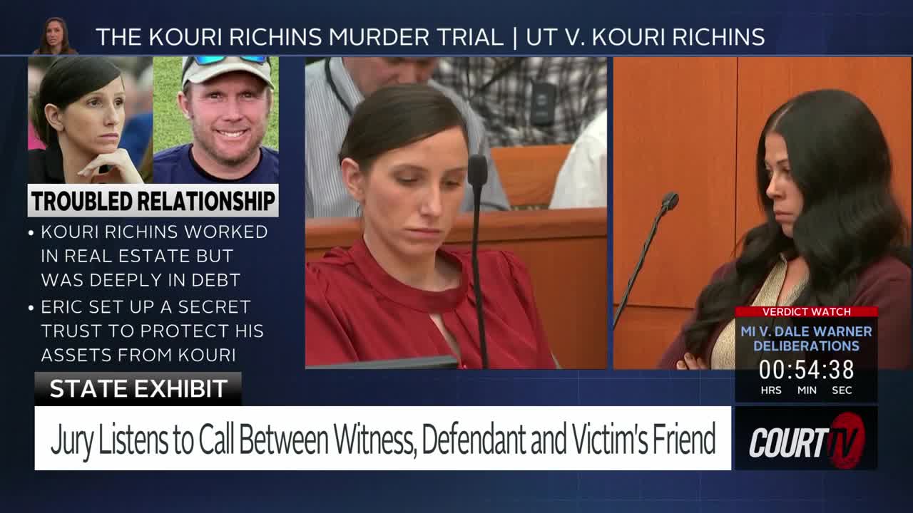 A woman in a red shirt sits with her head bowed, listening intently. To her right, another woman with dark, wavy hair looks off to the side, her arms crossed. A digital clock on the screen shows the jury has been deliberating for over 54 minutes.