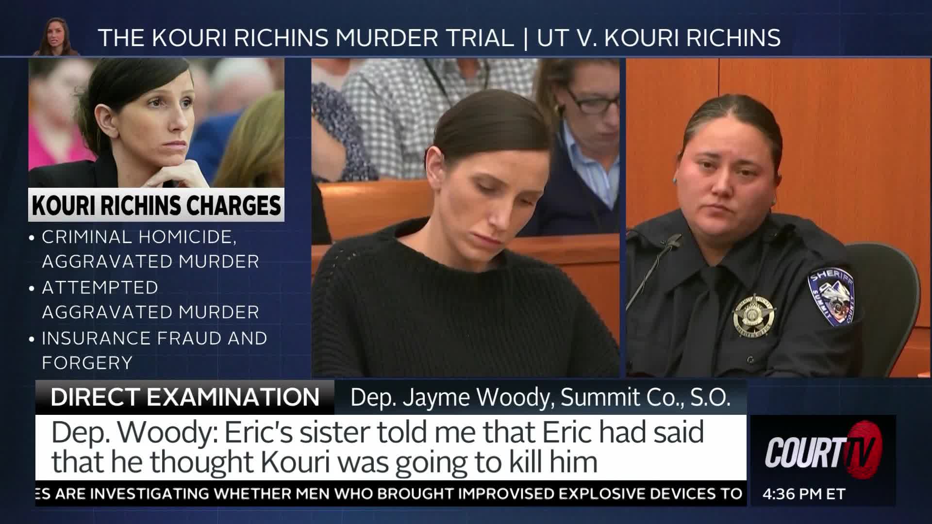The defendant, Kouri Richins, looks down as testimony plays out in the courtroom. A deputy in a sheriff's uniform sits to her right, listening intently.