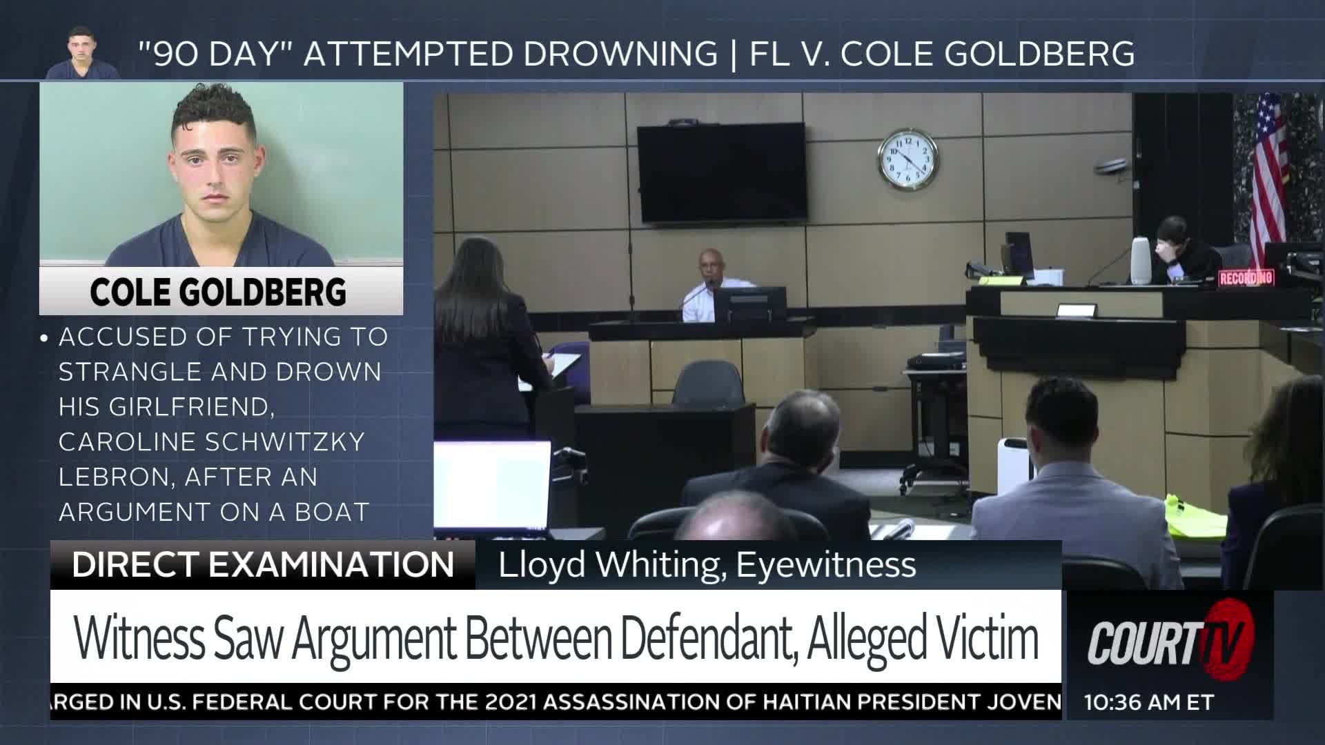 A woman stands at a podium, facing the judge. Cole Goldberg, accused of attempted drowning, sits with his back to me. Court TV's broadcast displays his mugshot and details of the case.