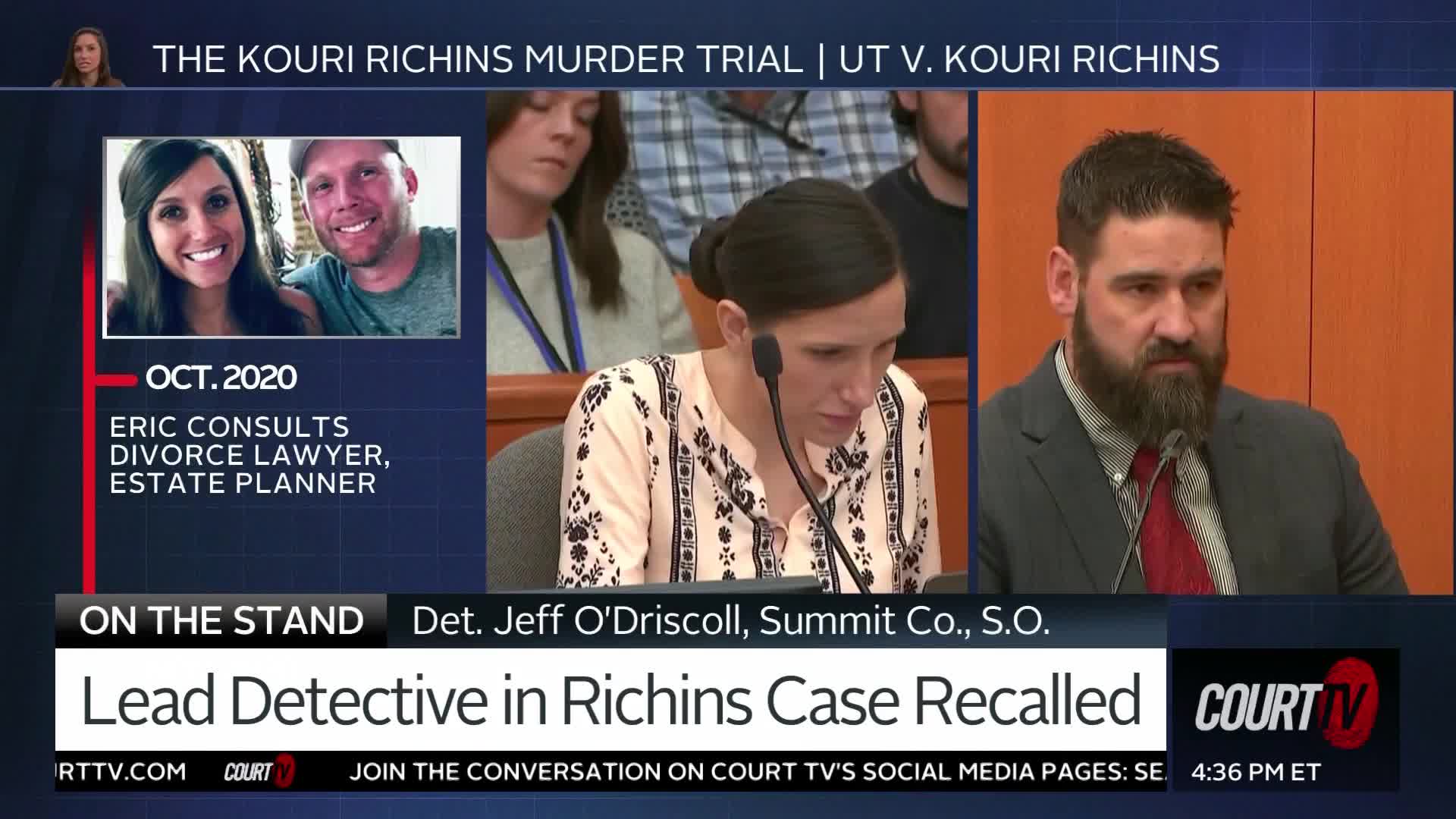 The lead detective in the Richins case is on the stand, his gaze fixed forward. A woman in a patterned blouse leans towards a microphone, her expression somber.