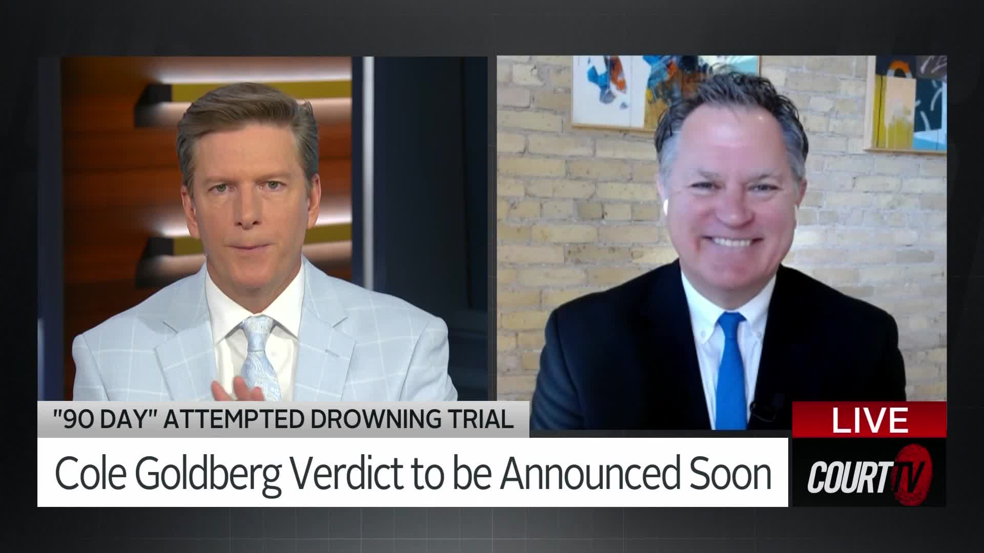 The anchor in the light suit is speaking, his hands gesturing slightly. On the split screen, a man in a dark suit with a bright blue tie smiles broadly, looking into the camera. A banner below them reads "90 DAY" ATTEMPTED DROWNING TRIAL, Cole Goldberg Verdict to be Announced Soon, with the Court TV logo.