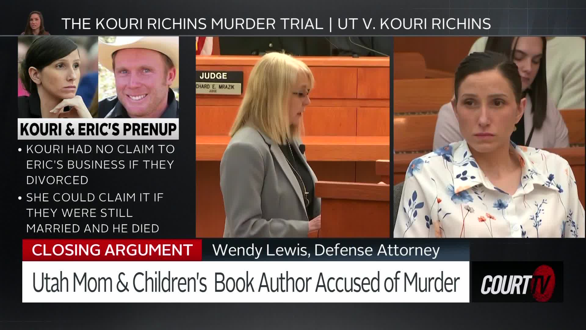 A woman in a gray suit stands at a podium, speaking. To her right, a woman in a floral shirt looks forward with a serious expression. The screen displays "THE KOURI RICHINS MURDER TRIAL" and "CLOSING ARGUMENT."