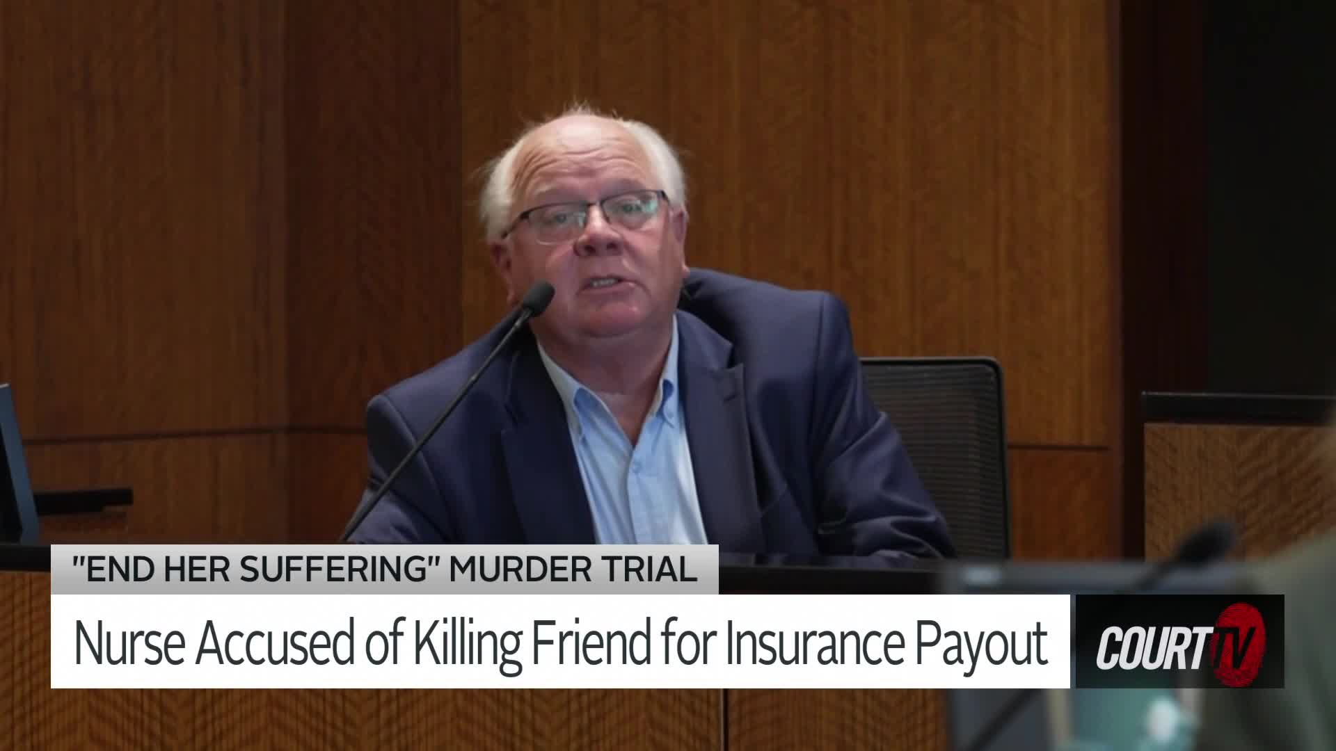 A man in a suit and open-collared shirt speaks into a microphone. Court TV graphics identify this as a murder trial where a nurse is accused of killing a friend for insurance money.