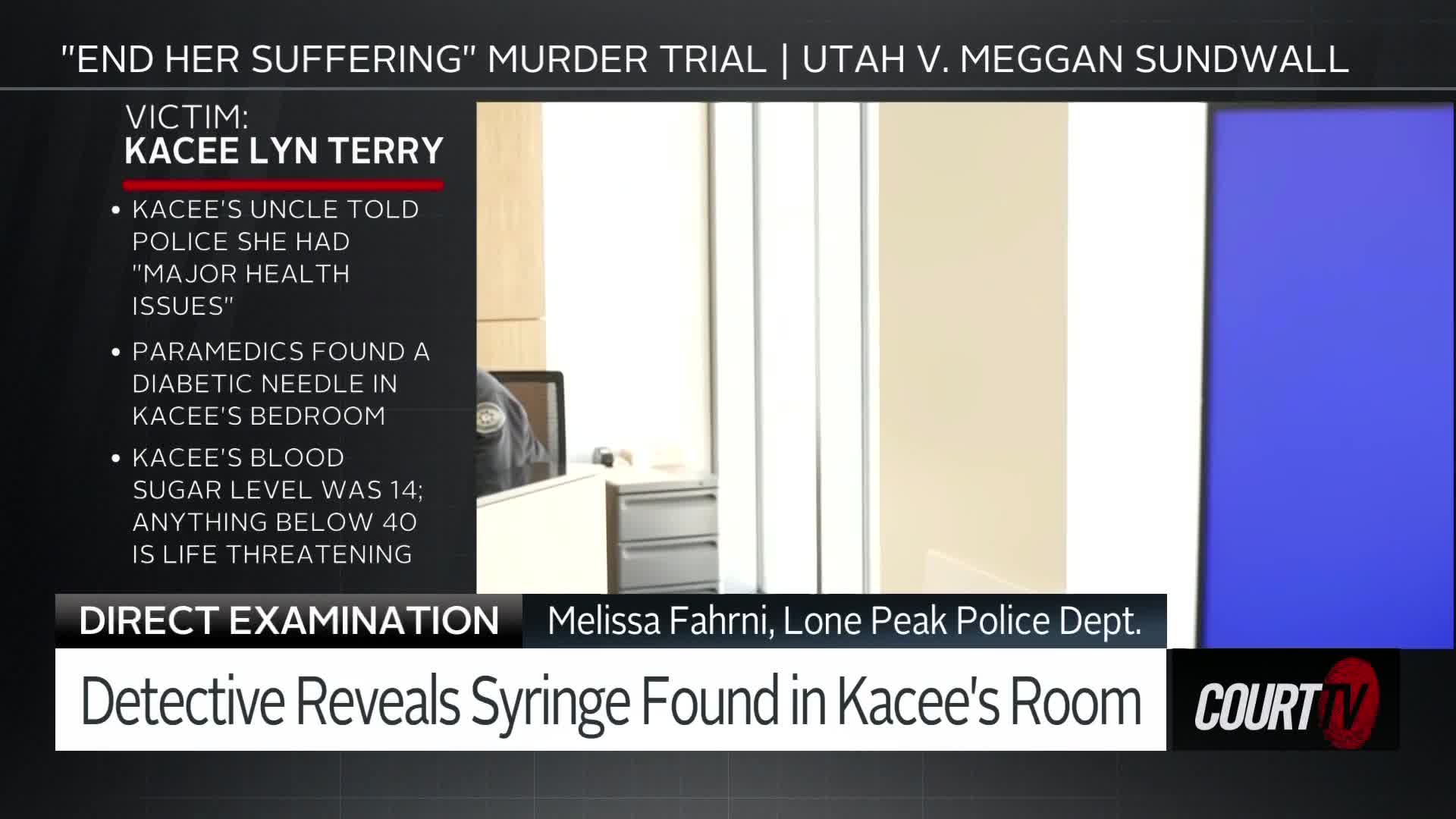 A detective is on the stand, and the screen displays details about the victim, Kacee Terry. The headline announces that a syringe was found in Kacee's room.