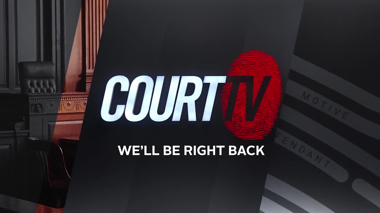 The Court TV logo with a red fingerprint appears on screen, overlaying a courtroom scene. Below it, the words "WE'LL BE RIGHT BACK" are displayed in stark white text.