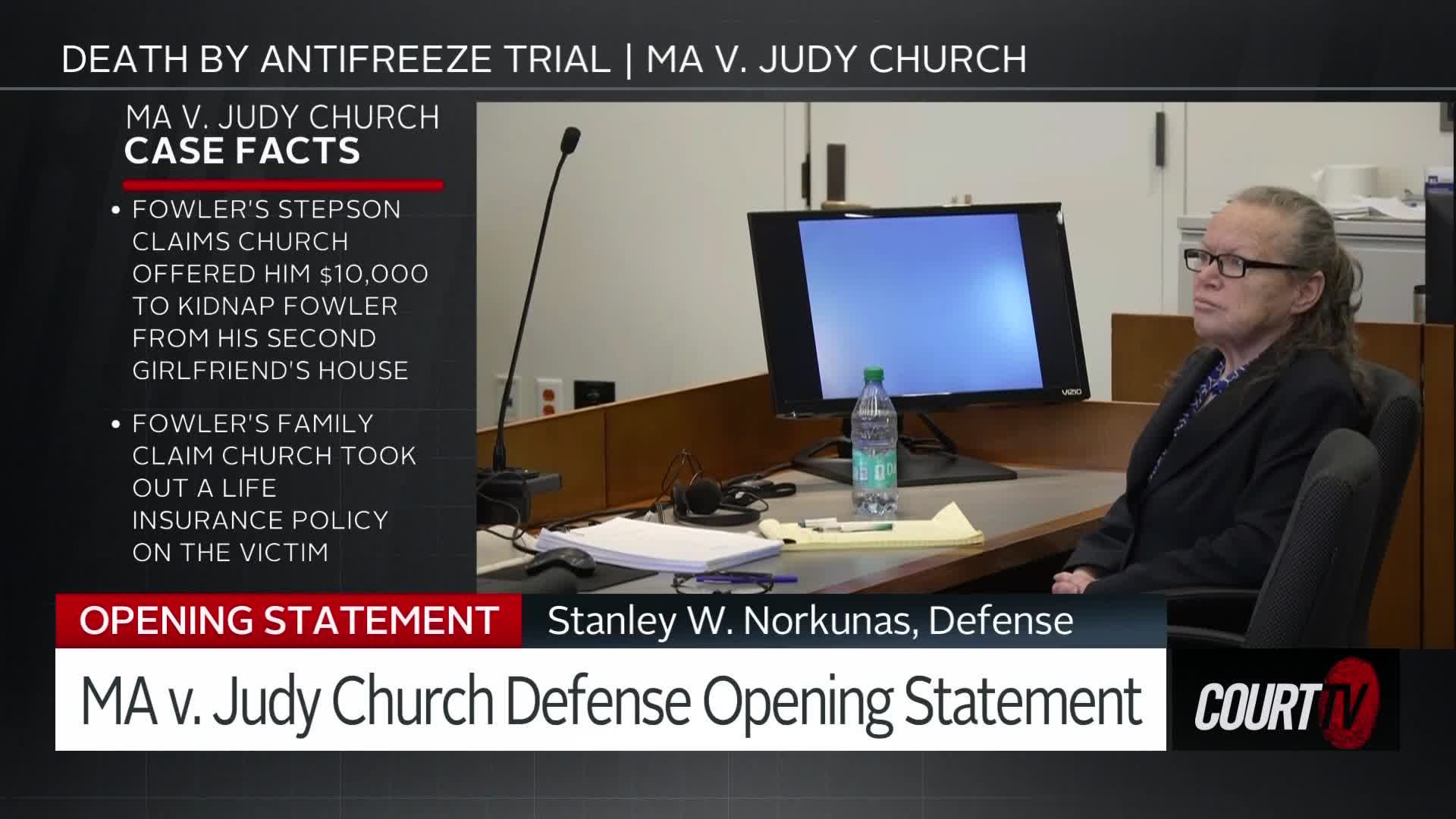 A woman in glasses and a dark suit sits in a courtroom, looking off to the side. Court TV graphics overlay the scene, detailing the "Death by Antifreeze Trial" and "Ma v. Judy Church Defense Opening Statement."