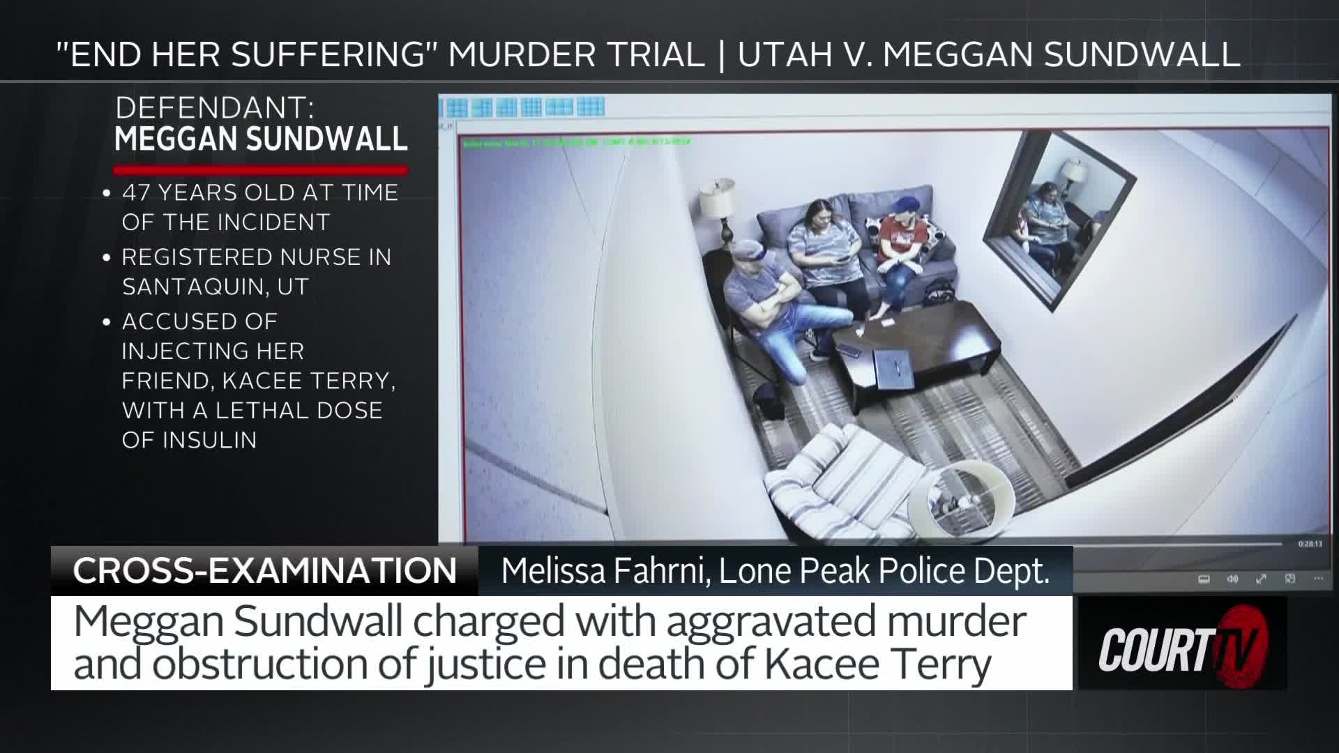 On the screen, a woman identified as Meggan Sundwall sits on a couch with two other people, her hands clasped. A separate camera view shows another person in a doorway, also seated. The text below identifies this as part of the Utah v. Meggan Sundwall murder trial, where she's accused of injecting her friend with insulin.
