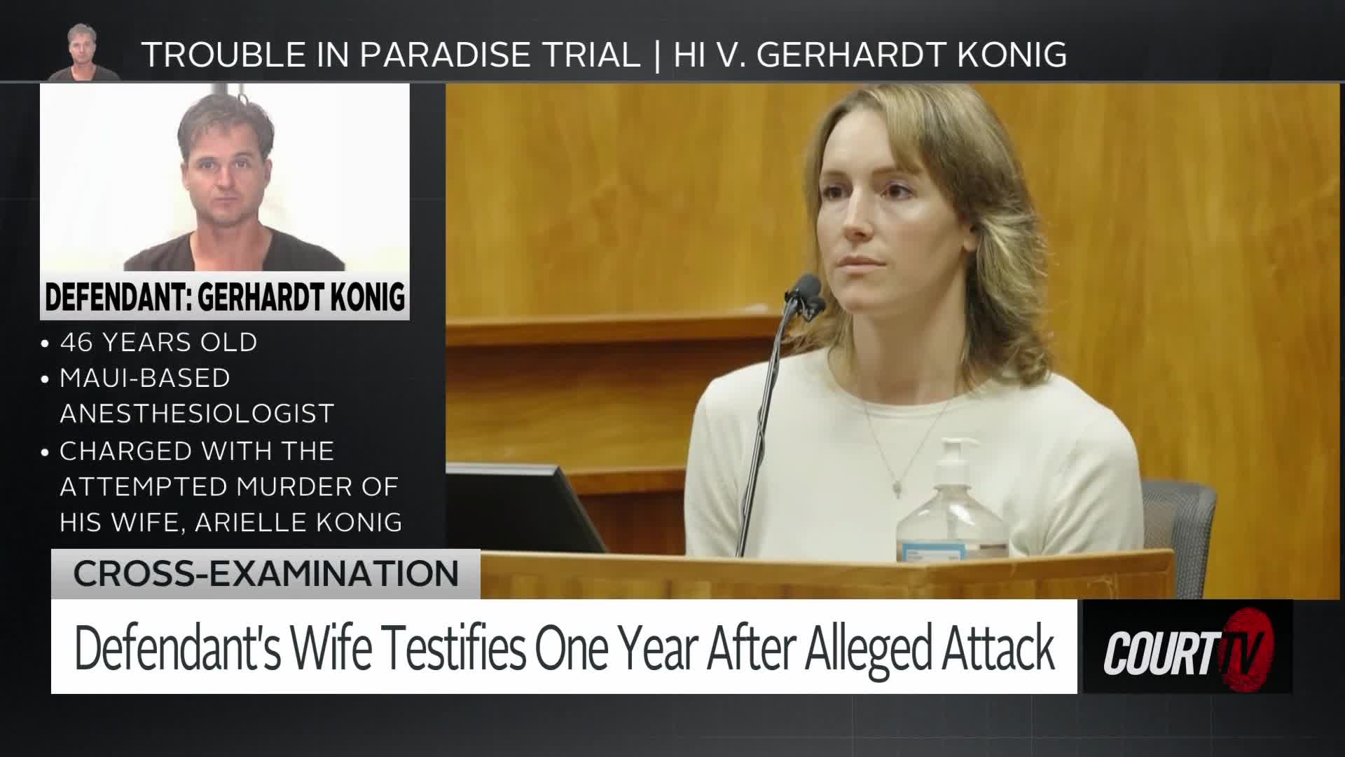 A woman sits at a witness stand, her gaze fixed forward. On the left, a photo displays the defendant, Gerhardt Konig, a Maui-based anesthesiologist.