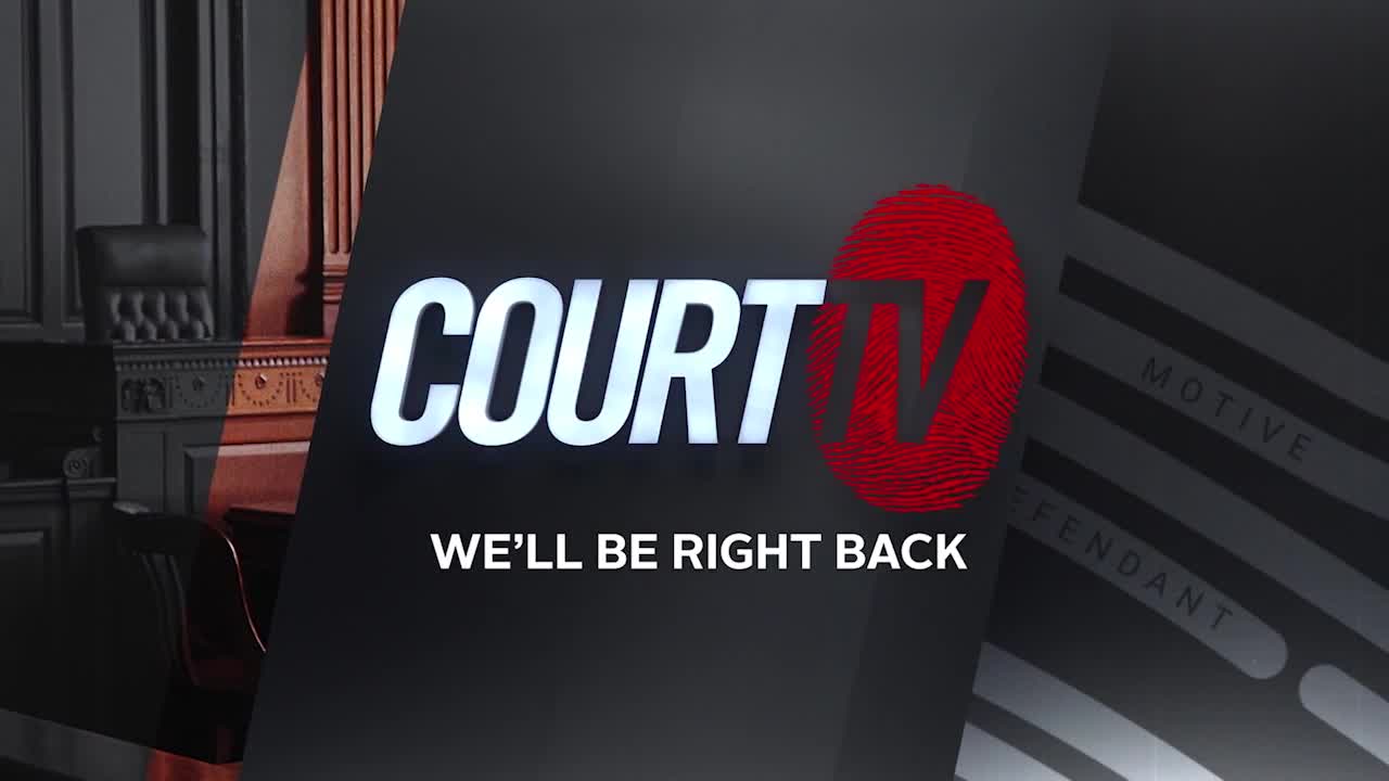 The Court TV logo, a red fingerprint over the letters "TV," dominates the screen. Below it, white text reads "WE'LL BE RIGHT BACK."