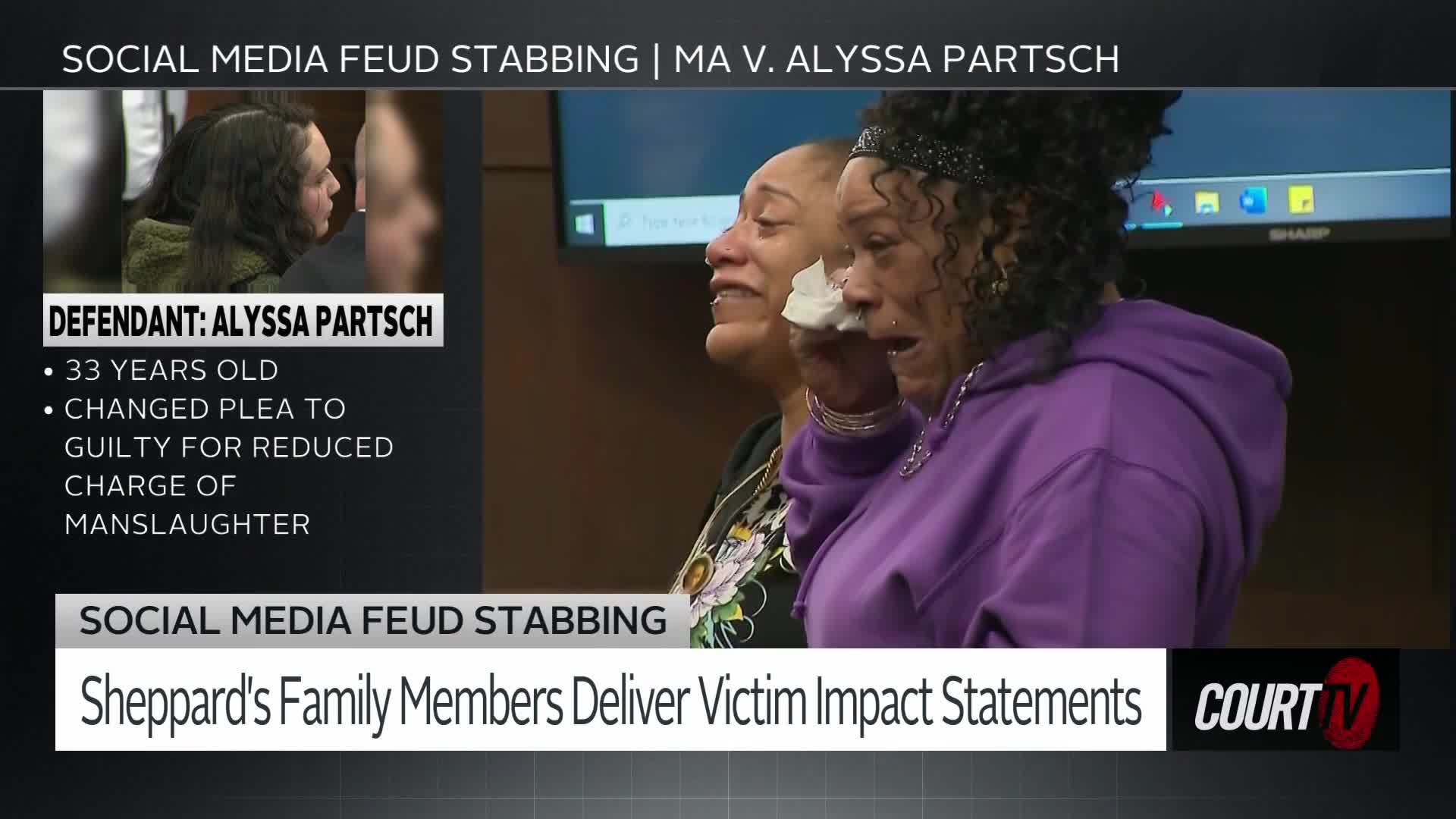 Two women weep, dabbing their eyes with tissues in a courtroom. The text on screen indicates this is a Court TV broadcast about a social media feud stabbing.