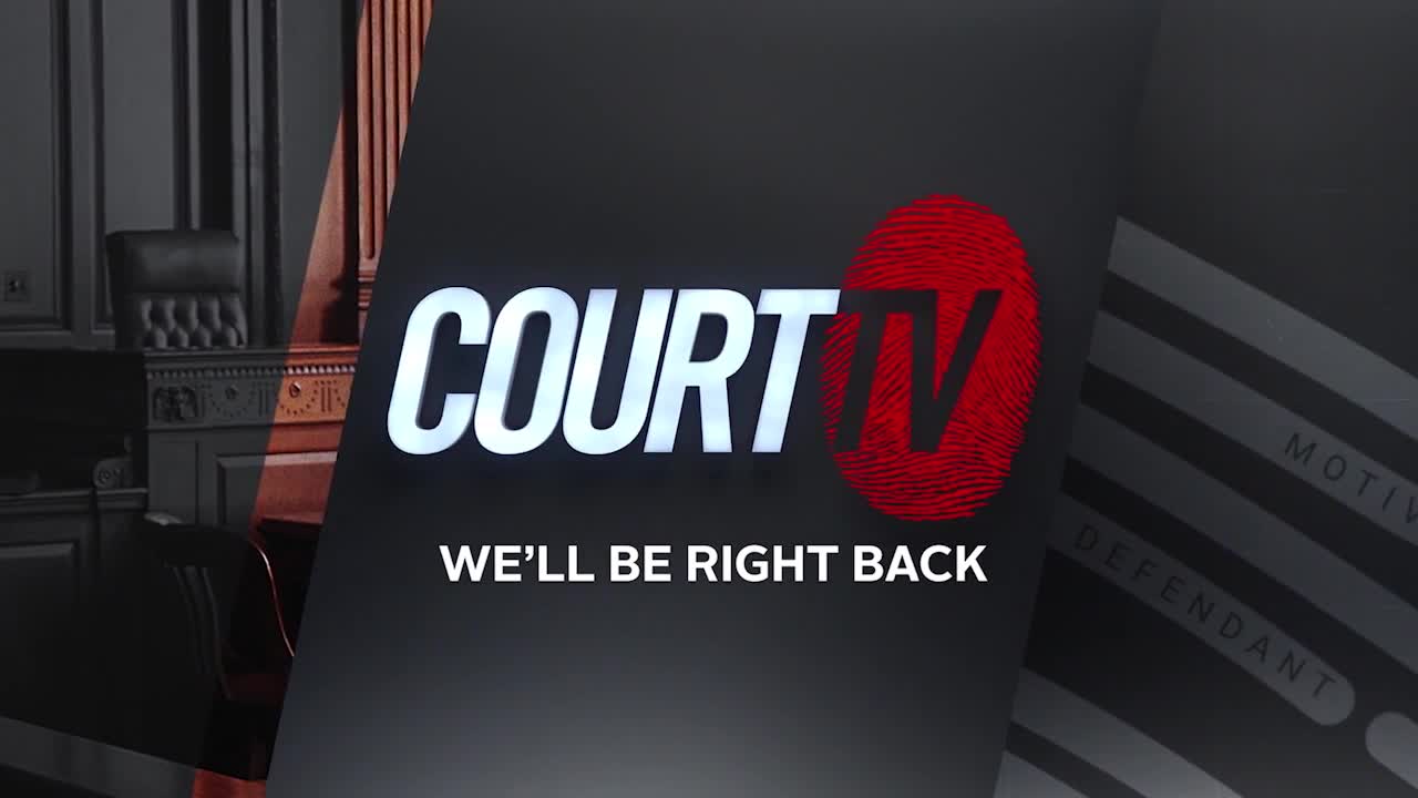 The Court TV logo, a bright white "COURT" followed by "TV" within a red fingerprint, dominates the screen. Below it, the words "WE'LL BE RIGHT BACK" appear in white text.