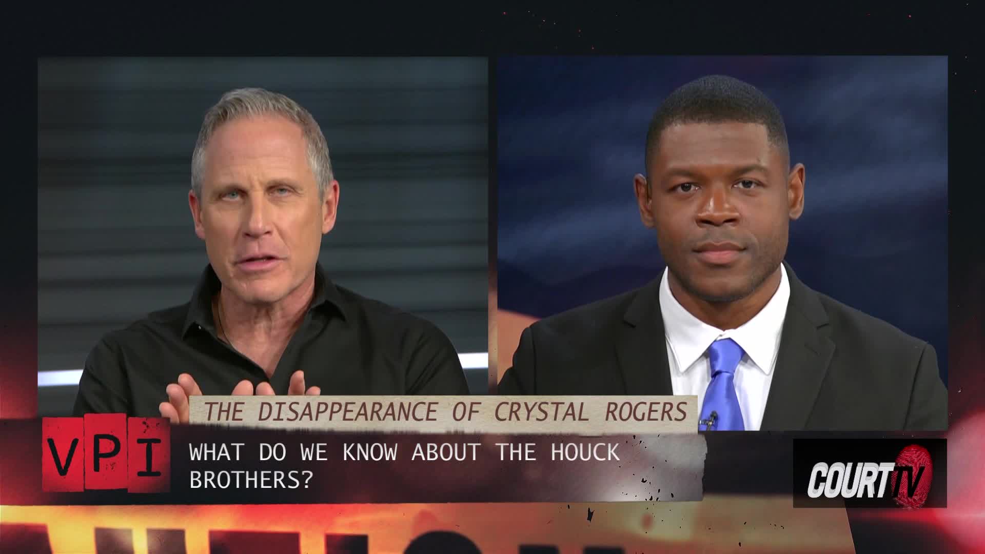 Two men are on screen, discussing the disappearance of Crystal Rogers. The man on the left, wearing a black shirt, gestures with his hands as he speaks. The man on the right, in a suit and tie, looks directly ahead.