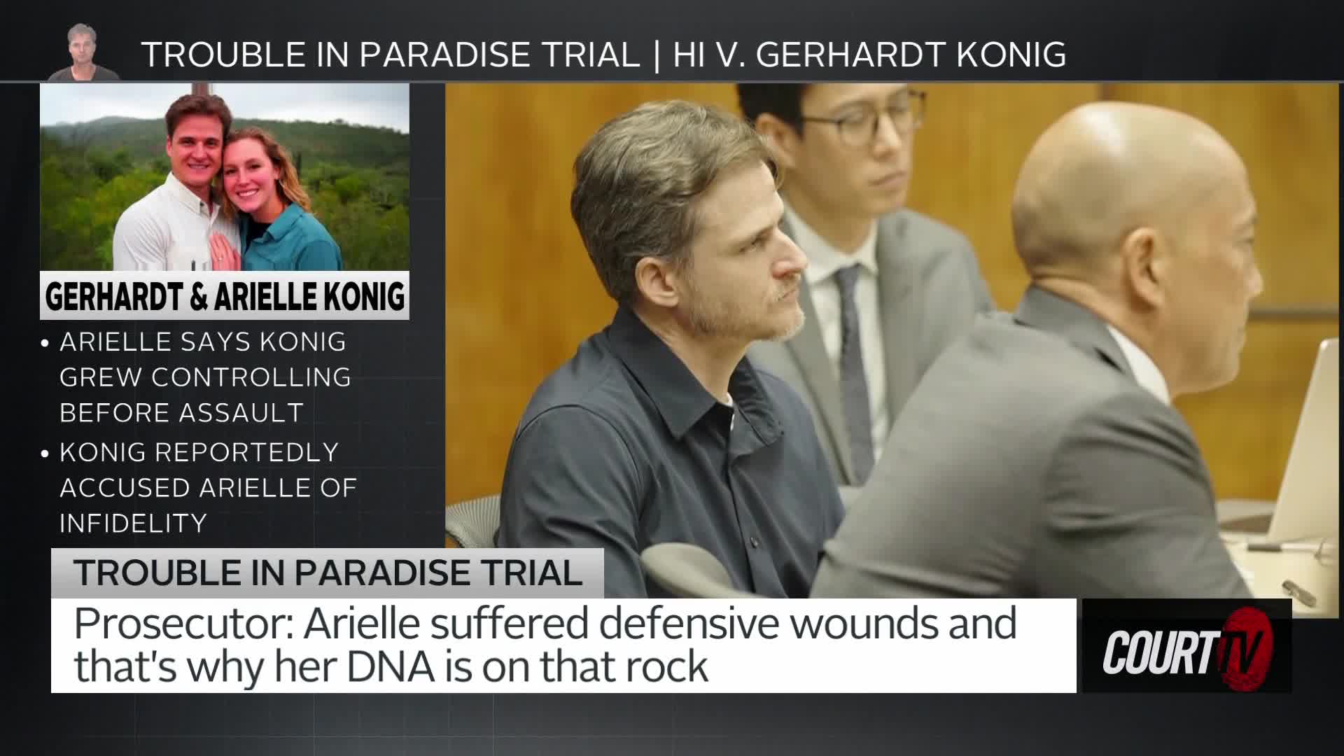 The prosecutor is speaking, and the defendant, Gerhardt Konig, sits with a somber expression. Another man in a suit and tie looks on.