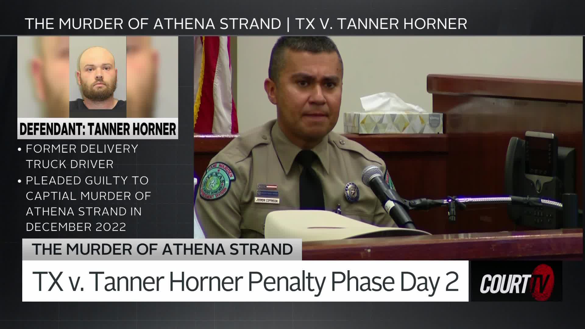 A man in a sheriff's uniform sits at a table, speaking into a microphone. A screen behind him displays information about the murder case of Athena Strand and the defendant, Tanner Horner.