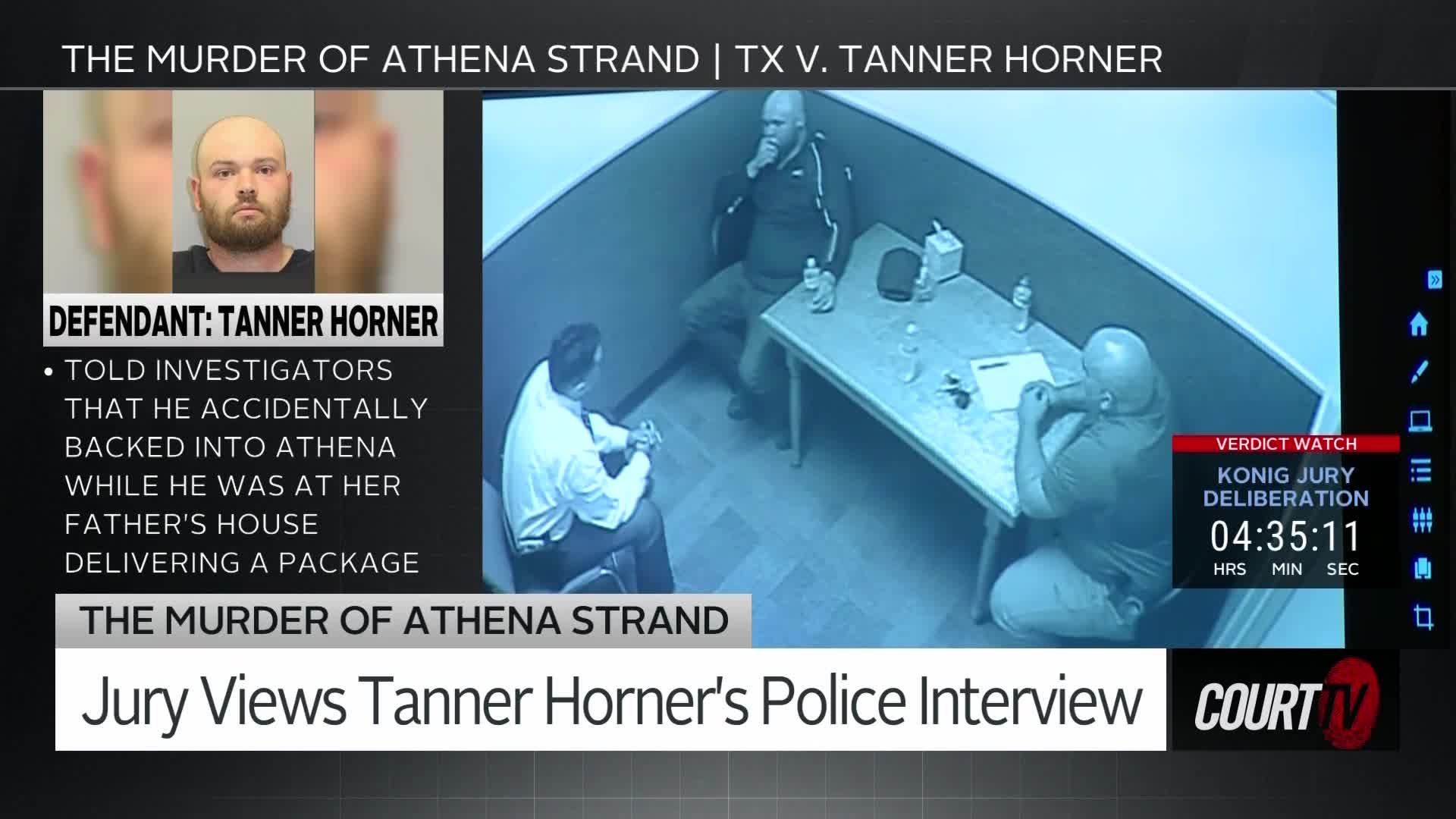 Tanner Horner sits in an interrogation room, his head bowed as he speaks to an officer across the table. Another officer observes from the corner of the room.