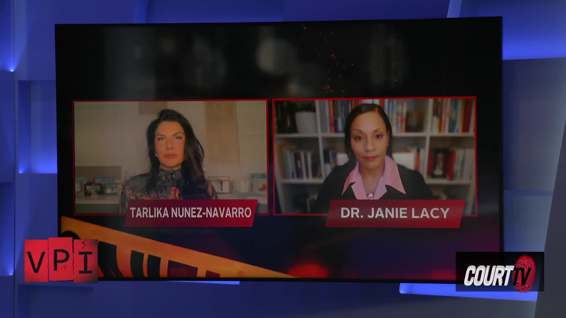 Two women appear on screen, one labeled "TARLIKA NUNEZ-NAVARRO" and the other "DR. JANIE LACY." The Court TV logo is visible in the lower right corner.