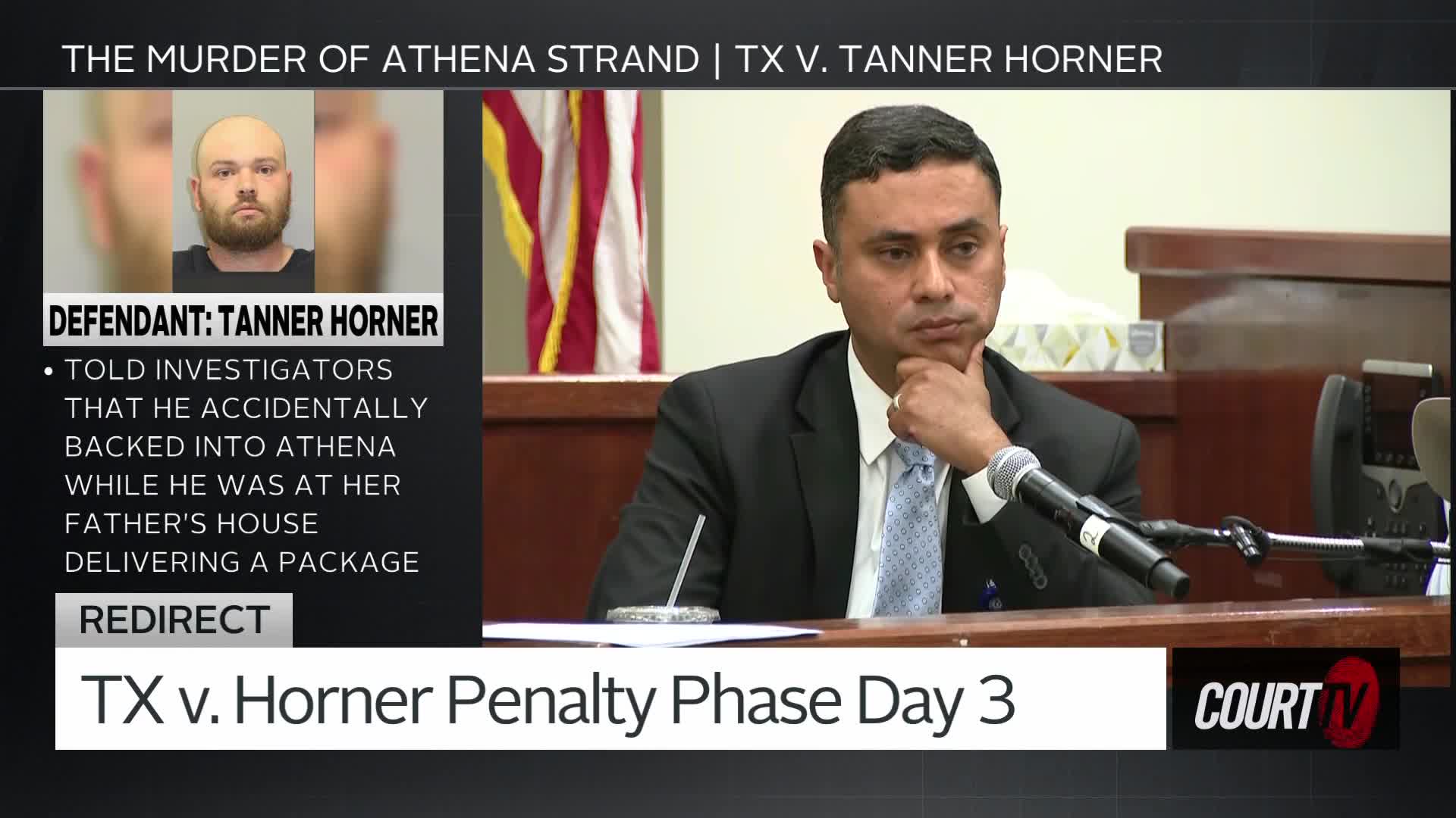 A man in a suit sits with his hand on his chin, listening intently in a courtroom. On the left, a graphic displays information about the defendant, Tanner Horner, and the case, "The Murder of Athena Strand."
