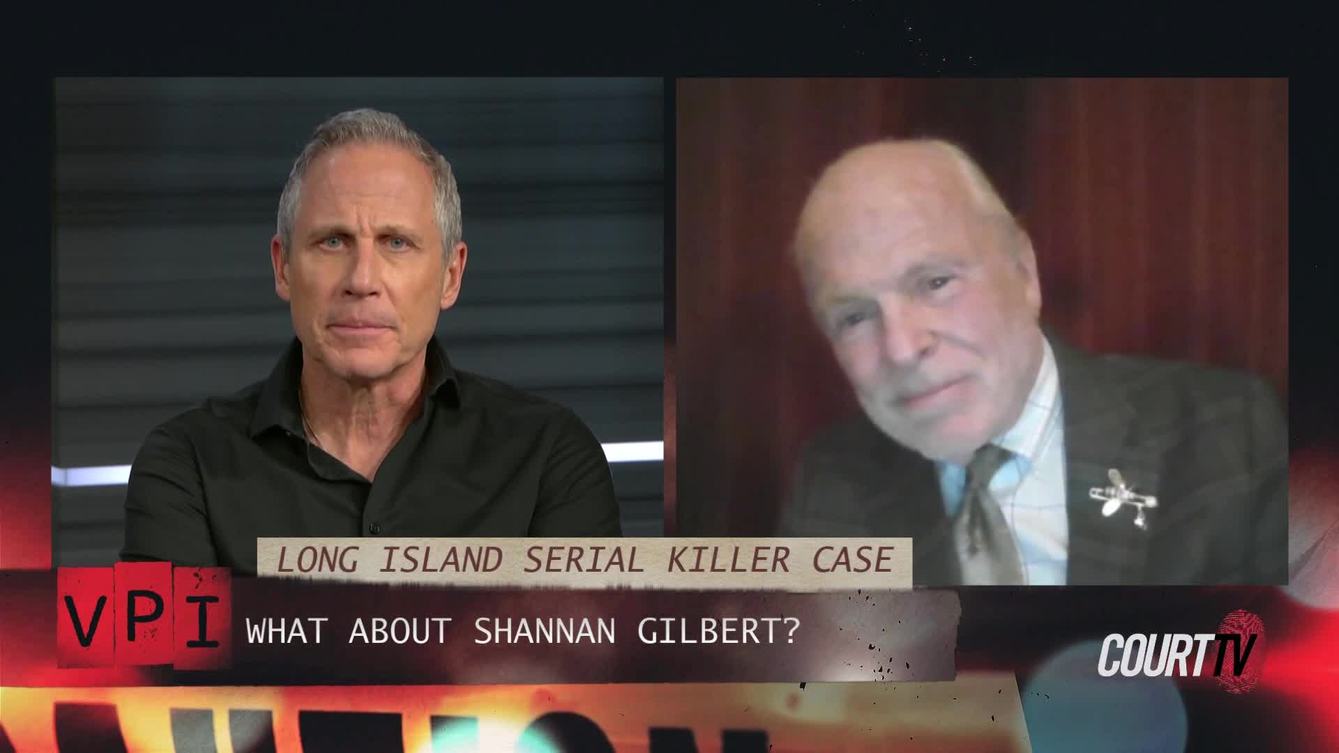 A man with graying hair and a dark shirt looks directly ahead, while a second man in a suit and tie appears on a screen to his right. A banner across the bottom of the screen reads "LONG ISLAND SERIAL KILLER CASE" and "WHAT ABOUT SHANNAN GILBERT?" with the Court TV logo.