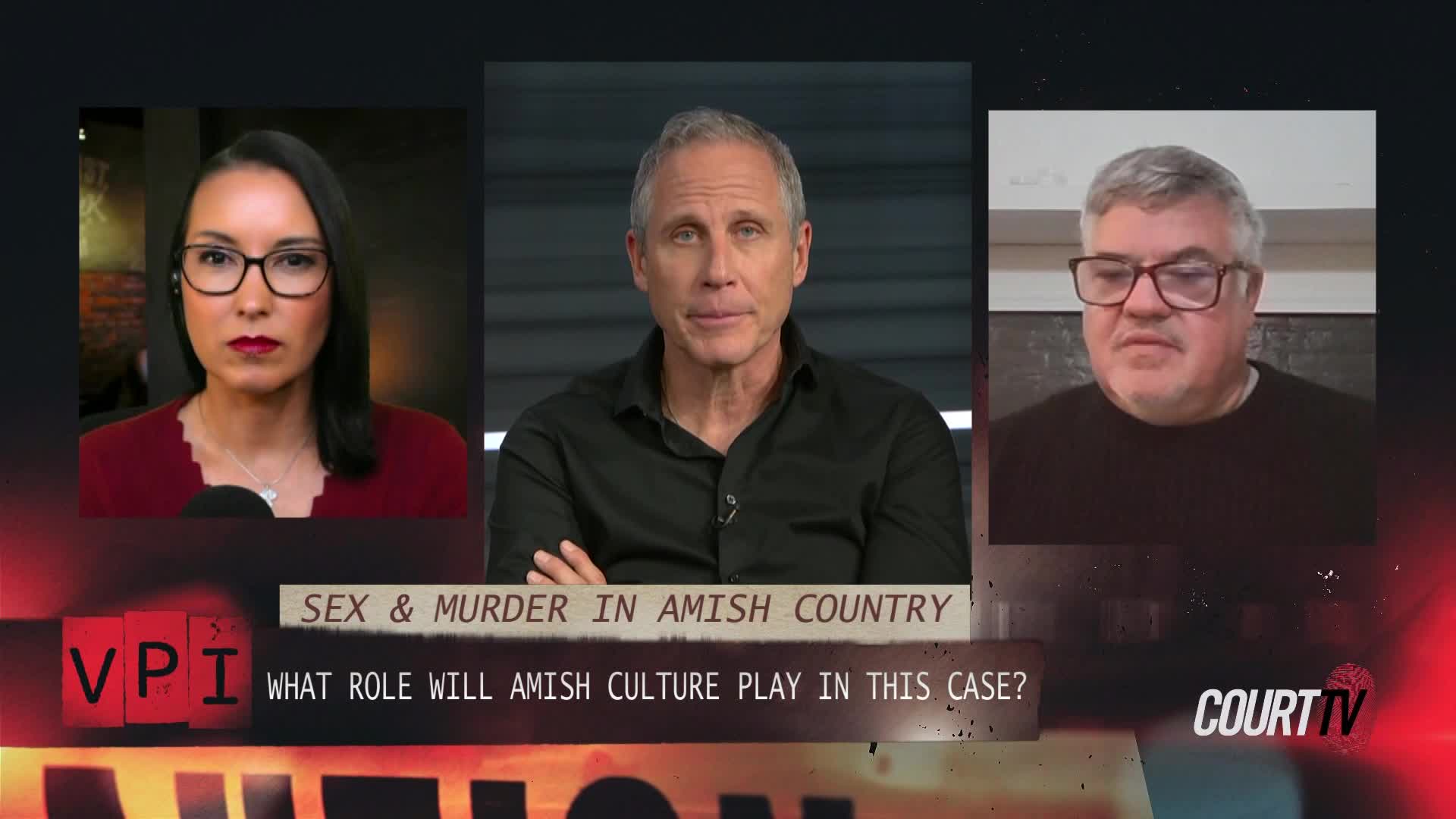 Three people are talking on a screen, with text below them that reads "SEX & MURDER IN AMISH COUNTRY" and "WHAT ROLE WILL AMISH CULTURE PLAY IN THIS CASE?". The Court TV logo is visible in the bottom right corner.