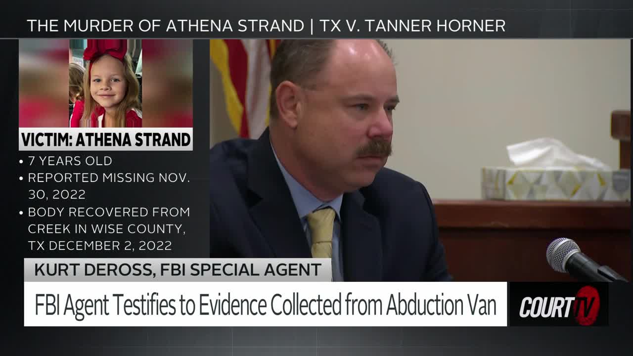 A man in a suit, identified as an FBI Special Agent, speaks into a microphone. On the screen, a young girl's photo is displayed with details about her case.