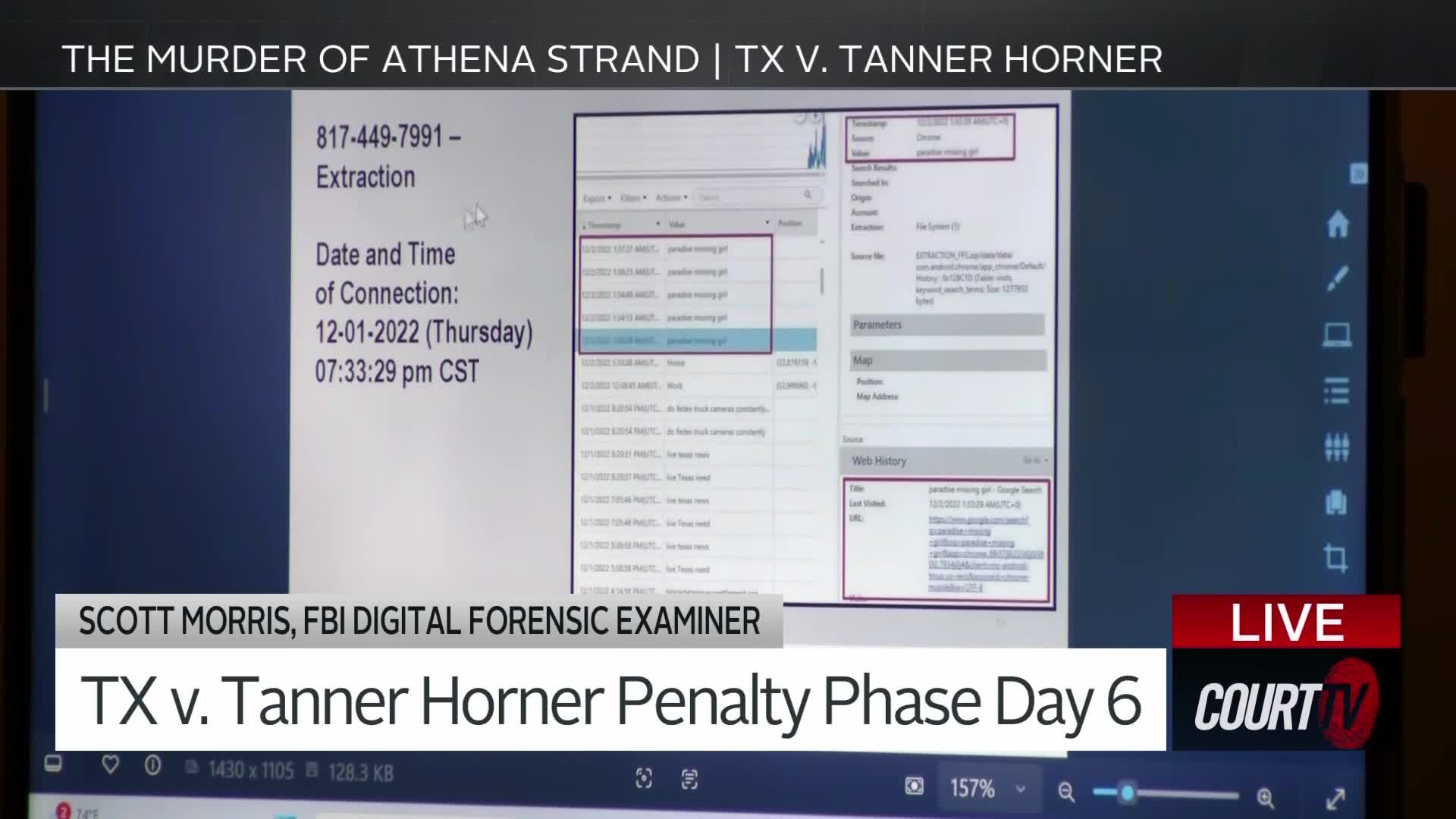 A computer screen displays digital forensic evidence from the murder of Athena Strand. The screen shows extraction details and a list of files, including a highlighted entry labeled "paradis_training.gif."