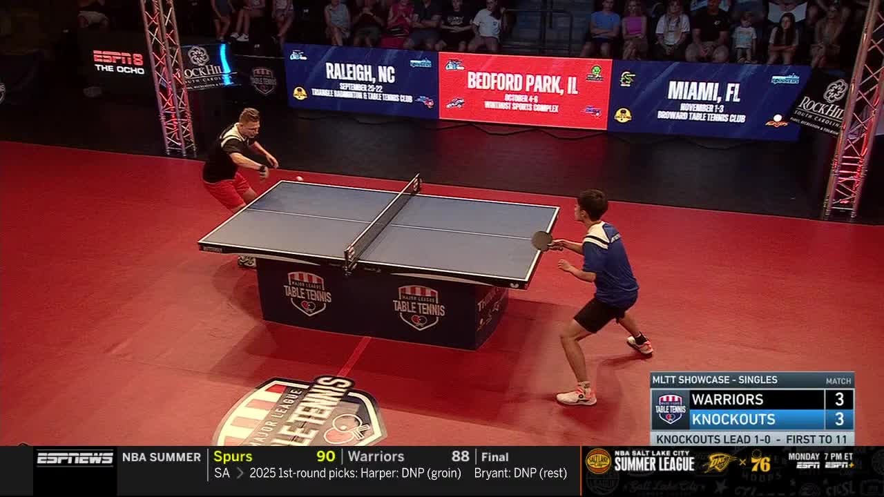 A ping pong match is underway, with two players focused on the table. The score is tied at three, as shown on ESPNews, and the "Knockouts" lead the first-to-11 match.
