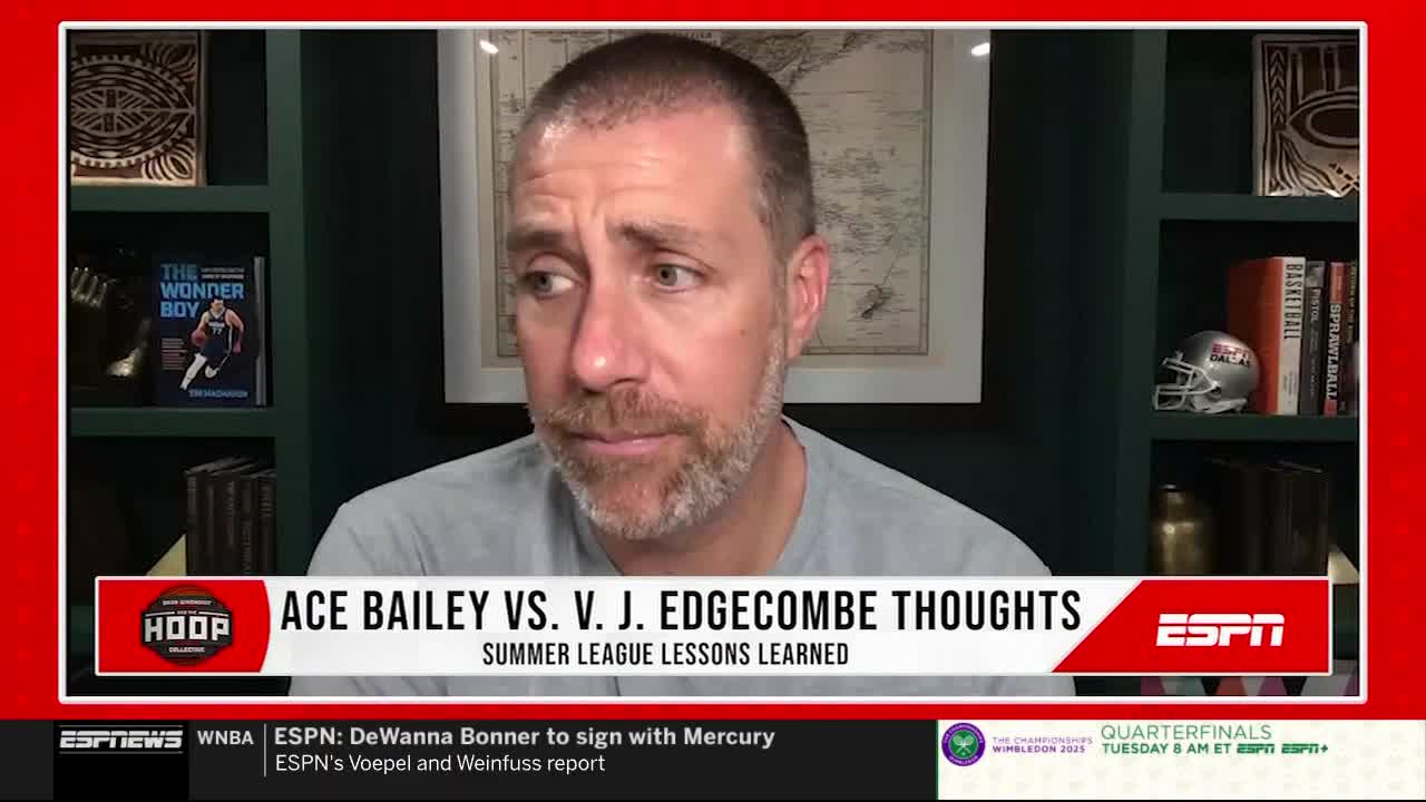 A man with a concerned expression is speaking on ESPN, likely discussing basketball. Text on the screen indicates a segment about Ace Bailey and V.J. Edgecombe, with a summary of summer league lessons learned.
