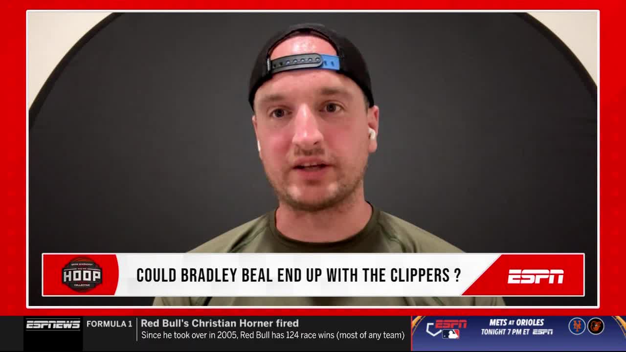 A man with a backwards cap and earbuds is speaking on ESPNews, framed by a red border. Below him, a graphic asks if Bradley Beal could end up with the Clippers.
