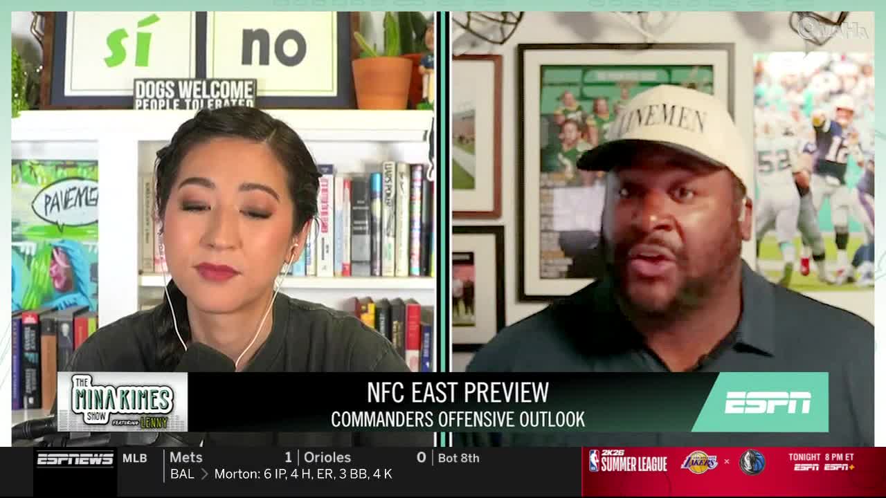 On ESPNews, Mina Kimes listens intently as a man in a "Linemen" cap discusses the Commanders' offensive outlook. The broadcast is framed by bookshelves and framed artwork, with a "Dogs Welcome, People Tolerated" sign visible above Kimes.
