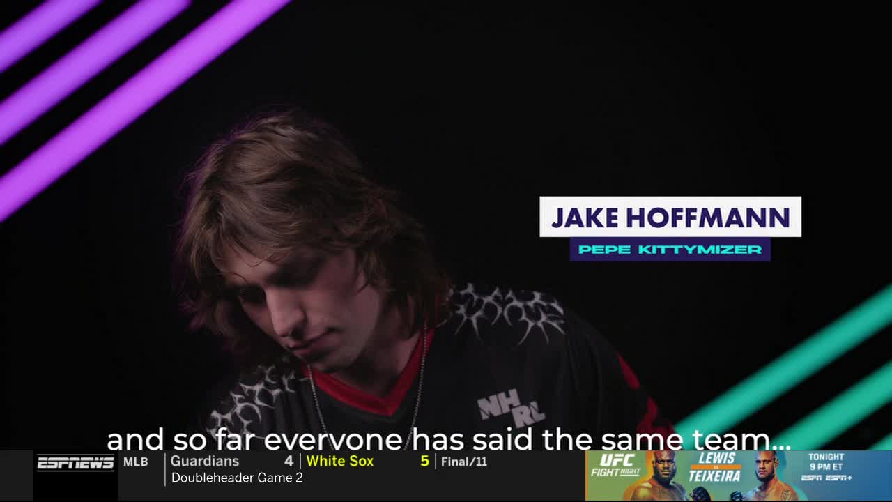 Jake Hoffmann, identified on ESPNews, looks down as he speaks. The bottom of the screen shows MLB scores and a UFC preview.
