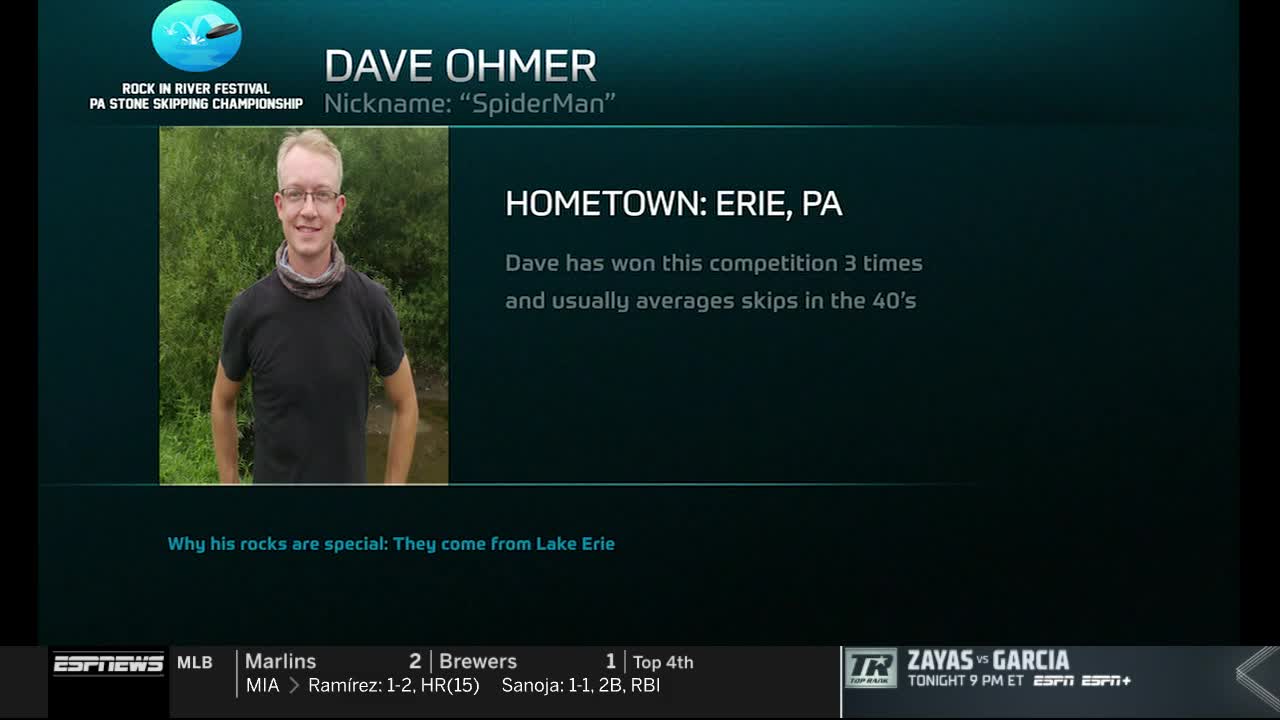On ESPNews, a graphic introduces Dave Ohmer, "SpiderMan," from Erie, Pennsylvania, for the Rock in River Festival PA Stone Skipping Championship. The screen highlights his past wins and the source of his special rocks, Lake Erie.
