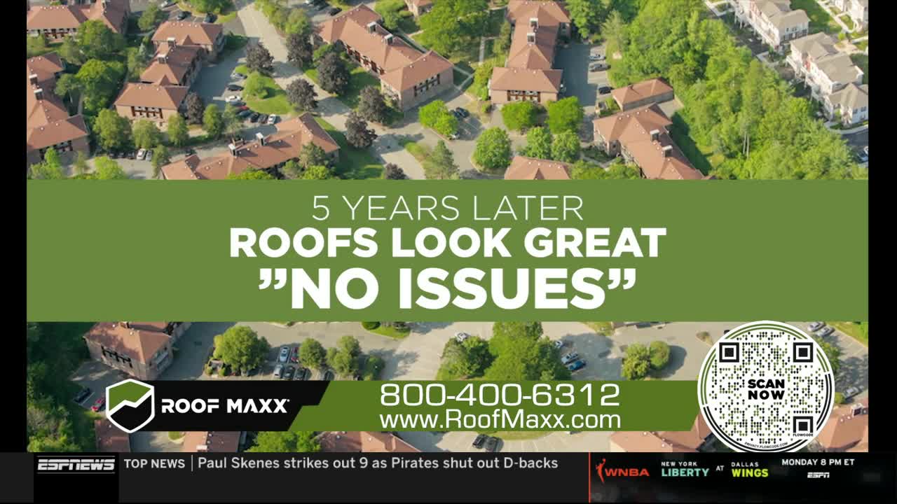 On ESPNews, a green banner advertises Roof Maxx, with an aerial view of buildings. The text boasts that roofs look great five years later, "no issues."
