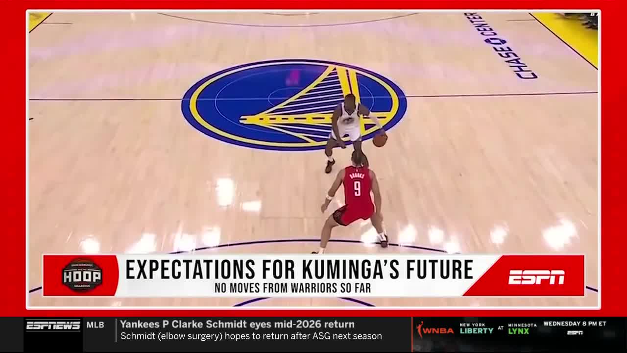 A player in a white jersey dribbles the ball, facing a player in red. The ESPNews graphic highlights "EXPECTATIONS FOR KUMINGA'S FUTURE."
