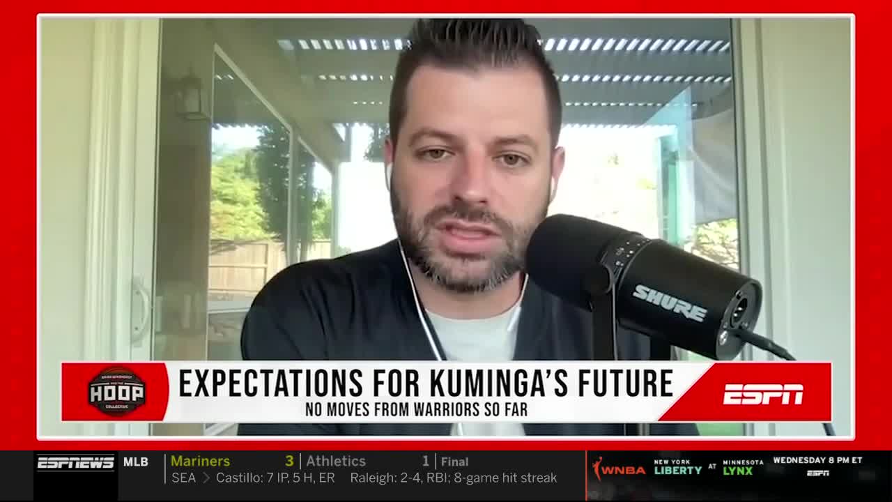 A man with a microphone is talking, apparently on ESPNews, with a window and trees visible behind him. The graphic below his face discusses the future of a basketball player named Kuminga.
