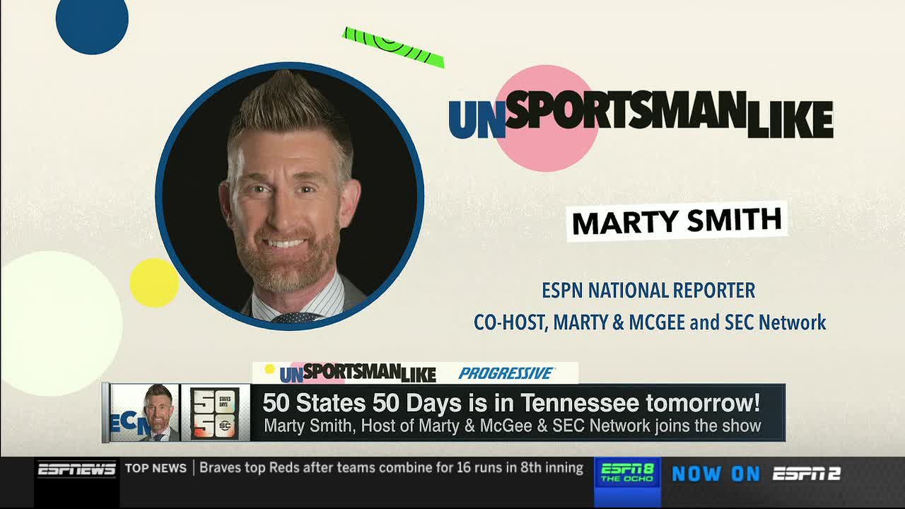 Marty Smith, the ESPN national reporter, smiles from a circular frame on the screen. Text below the image announces the "50 States 50 Days" segment is in Tennessee tomorrow.
