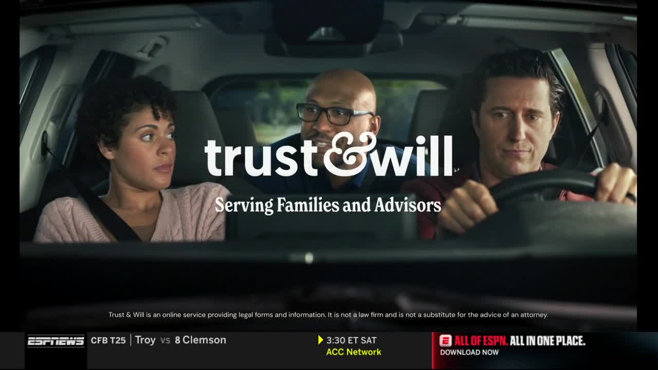 Three people are inside a car, the driver looking forward while the other two glance to the side. The "trust & will" logo is centered above the group, with the ESPNews banner at the bottom.
