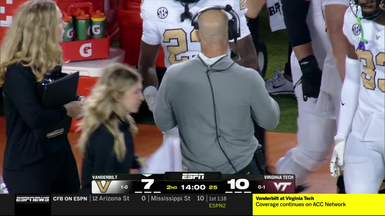 A coach, wearing a headset, walks with his back to the camera, as the Vanderbilt players in white and gold uniforms mill around. Two women, one holding a clipboard, follow the coach along the sidelines.
