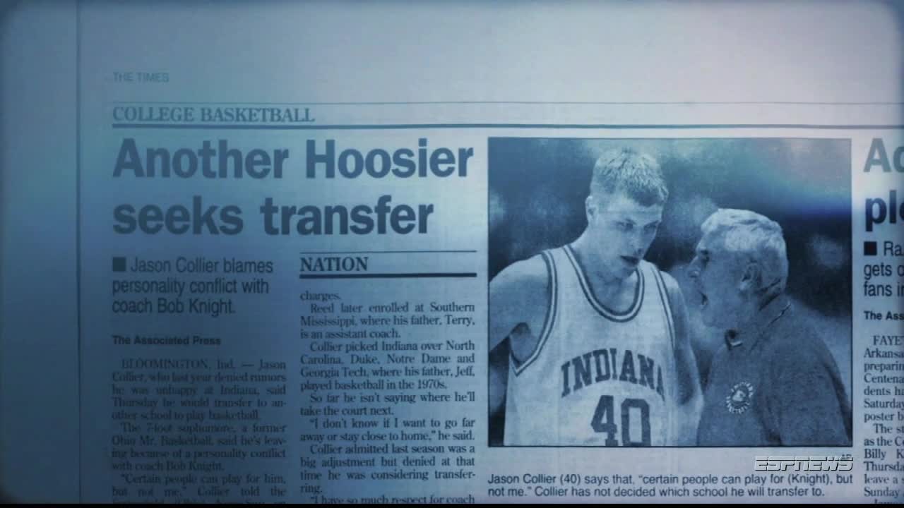 The front page of a newspaper is in view, highlighting a college basketball player's transfer request. A photo of the player in his Indiana jersey, and his coach, is featured prominently. 
