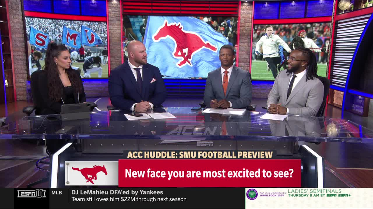 Four analysts are seated at a desk, discussing an SMU football preview on ESPNU. A large red banner asks, "New face you are most excited to see?"
