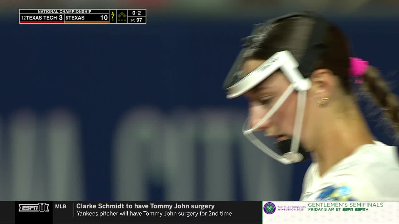 A softball player, wearing a white helmet and a pink hair tie, looks down, her face partially obscured. The ESPNU graphic at the top of the screen shows the score of the Texas Tech vs. Texas game.
