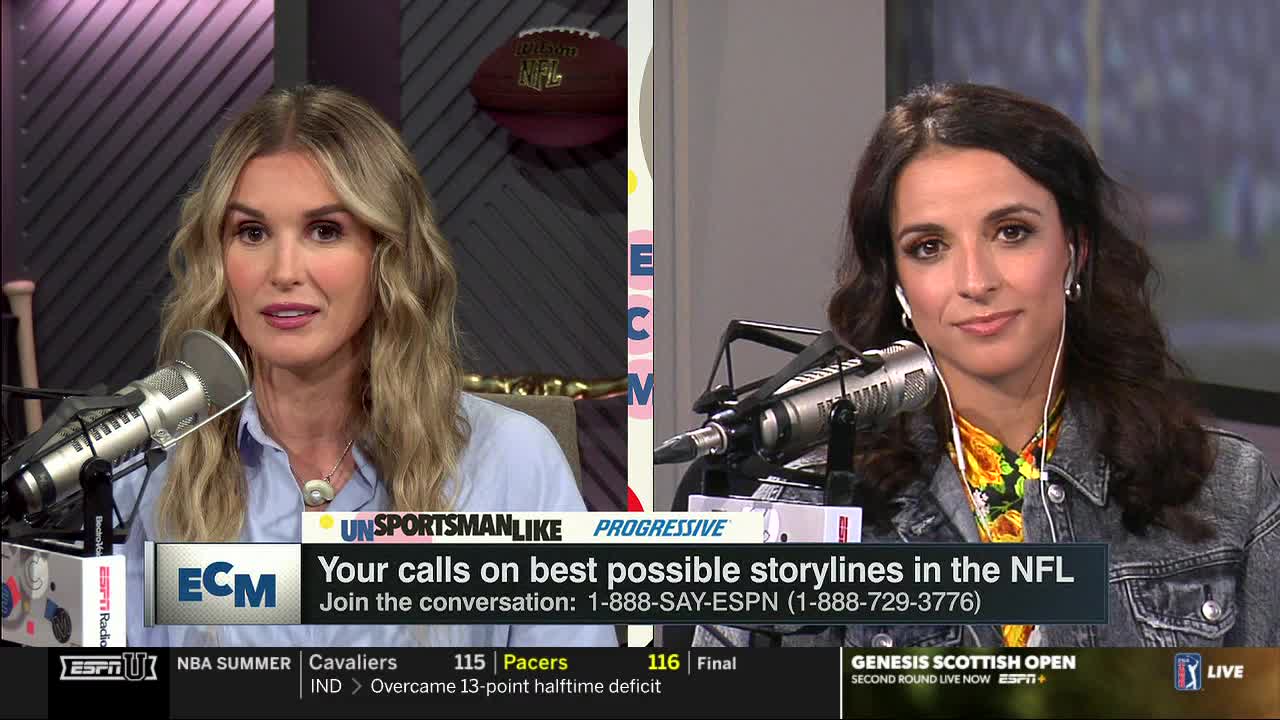 Two women are seated at a table, each with a microphone in front of them. They're on ESPNU, discussing NFL storylines.
