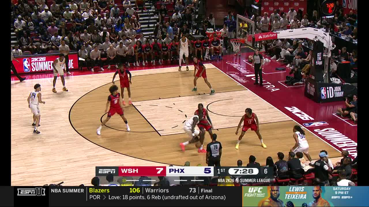 A player in white dribbles the ball, defended by a player in red. The score is close, and the clock shows just over seven minutes left in the first quarter of this NBA Summer League game.

