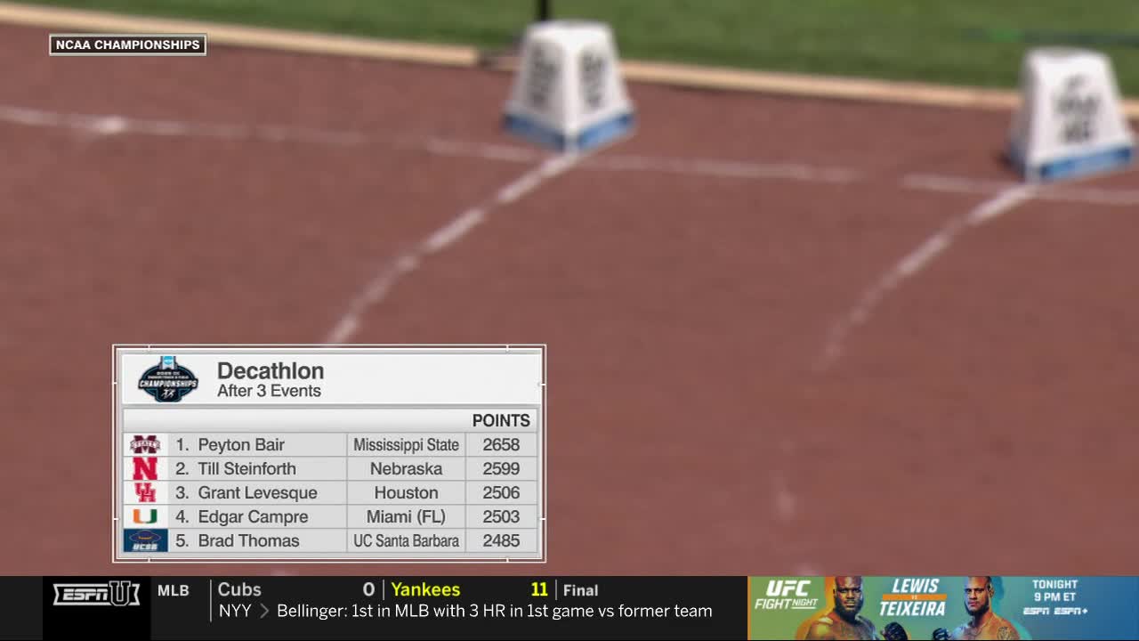 The ESPNU broadcast shows the NCAA Decathlon standings after three events, with Mississippi State leading the way. The camera angle is focused on the track, with white lines and markers visible in the background.
