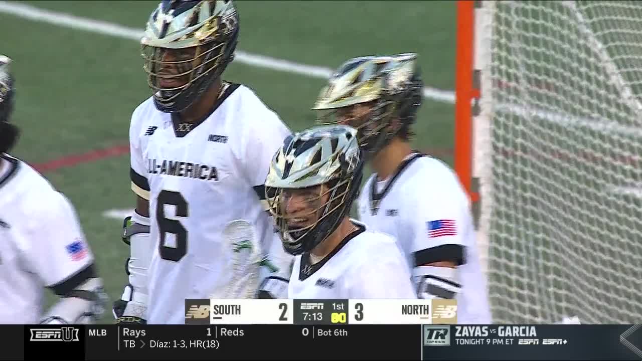 Three lacrosse players in white jerseys stand near the net, facing the field. The score is tight, with the North team leading the South team by a single goal in the first quarter, as seen on ESPNU.
