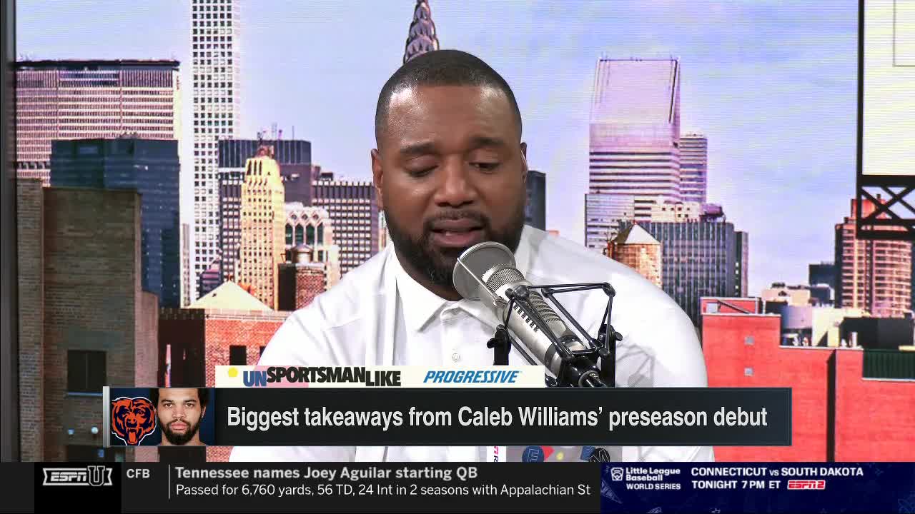 A man in a white shirt speaks into a microphone, discussing Caleb Williams' preseason debut on ESPNU. Behind him, a cityscape of New York provides the backdrop for the sports commentary.
