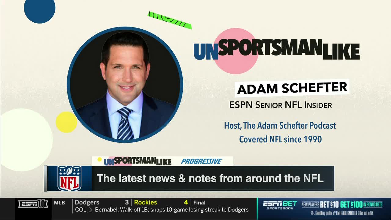 Adam Schefter's smiling face is in a circular frame, with the words "Unsportsmanlike" and "Progressive" below. A ticker at the bottom of the screen displays news from the NFL.
