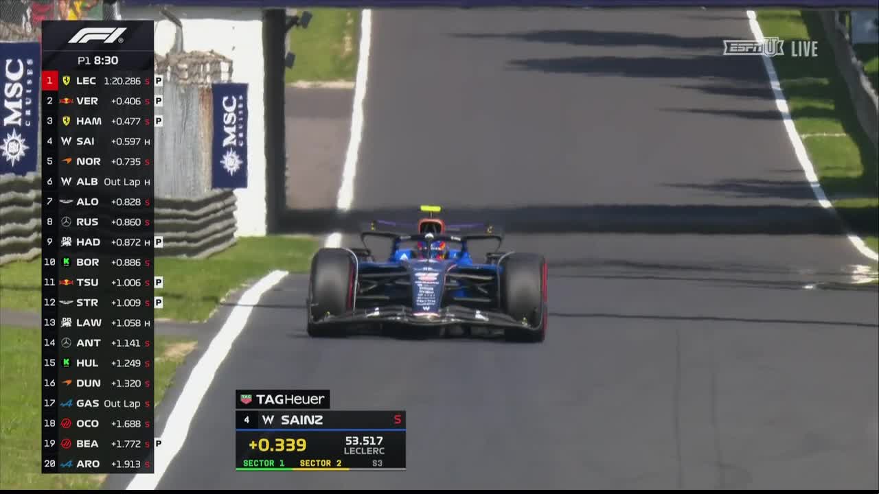 A Formula 1 car, painted in blue and red, speeds toward the camera, hugging the track's edge. The driver, W. Sainz, is currently fourth, according to the ESPNU broadcast.

