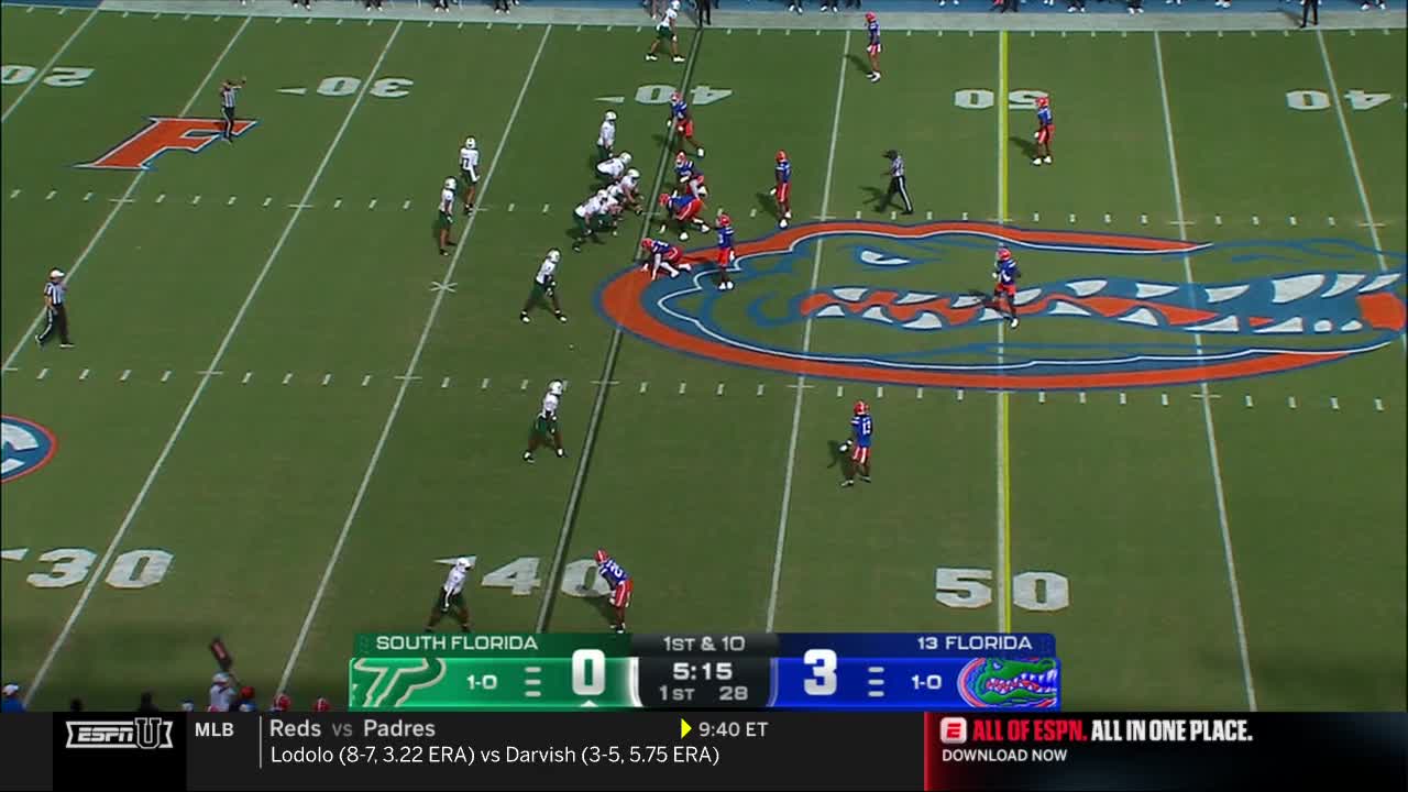 The Gators are on offense, lined up near the 40-yard line. The South Florida Bulls are in their defensive formation, ready to stop the play.
