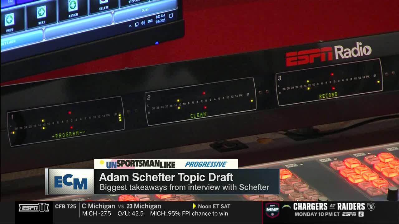 The ESPN Radio board shows a "CLEAN" signal, with the "RECORD" light illuminated on the right.  Below, the screen displays a segment on "Unsportsmanlike" with Adam Schefter, previewing a college football game on ESPNU.
